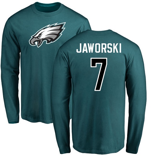 Men Philadelphia Eagles #7 Ron Jaworski Green Name and Number Logo Long Sleeve NFL T Shirt->nfl t-shirts->Sports Accessory